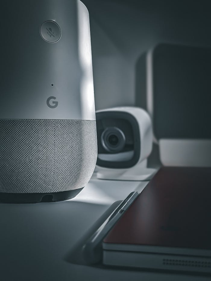 Close-up of smart home devices, showcasing a modern speaker and camera setup in a minimalist style.